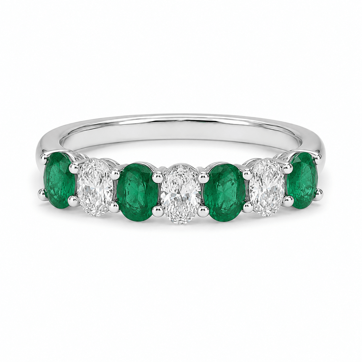 18ct White Gold Oval Emerald & Diamond Eternity Ring - Aurum Jewels
