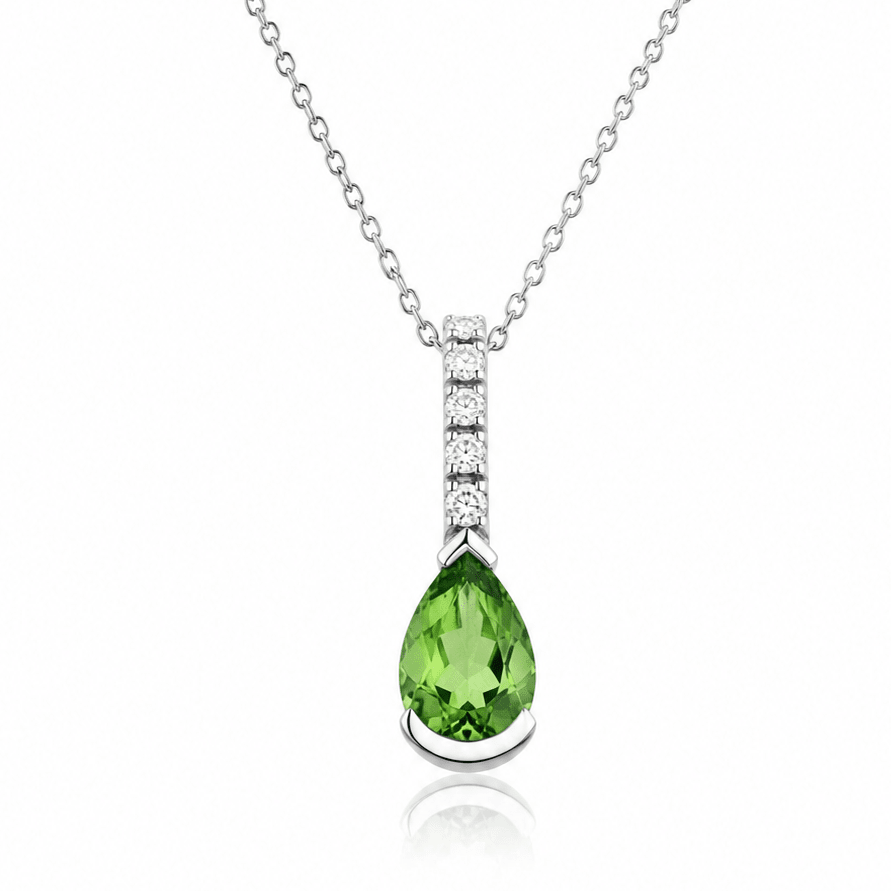 18ct White Gold Pear Shaped Green Garnet & Diamond Pendant - Aurum Jewels