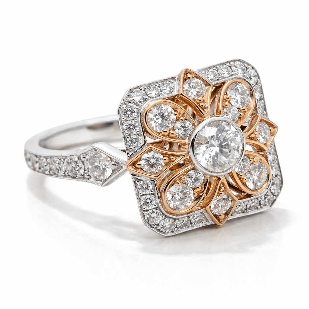18ct White & Rose Gold Filagree Diamond Ring - Aurum Jewels