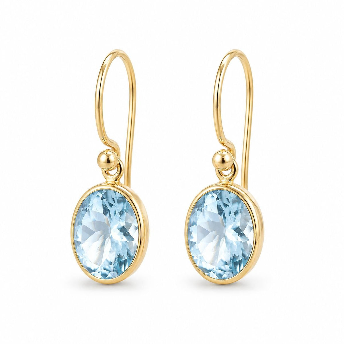 18ct Yellow Gold 8.5x6.5mm Oval Aquamarine Shepherd Hook Drop Earrings - Aurum Jewels