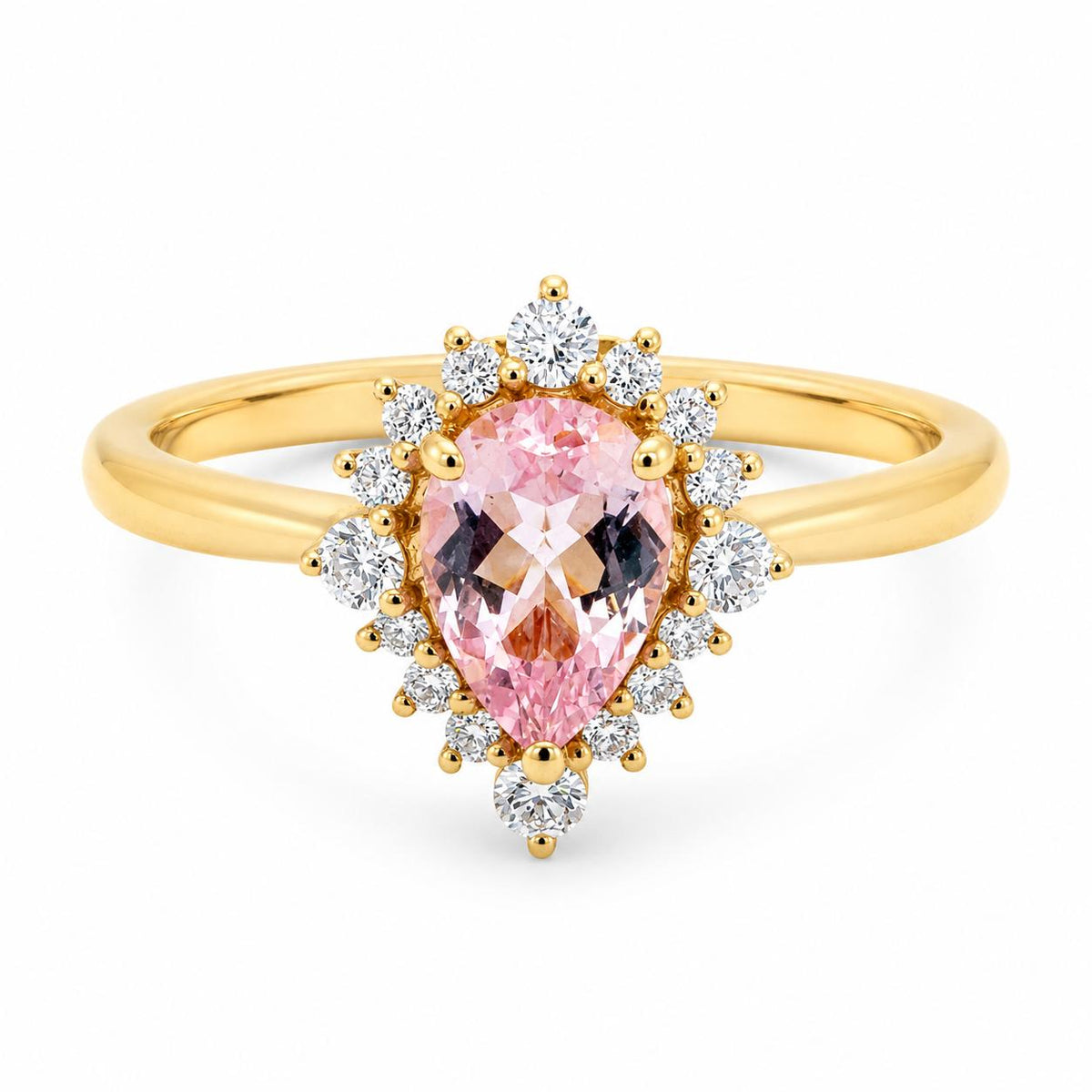 18ct Yellow Gold Tear Drop Morganite & Diamond Petit Cluster Ring - Aurum Jewels