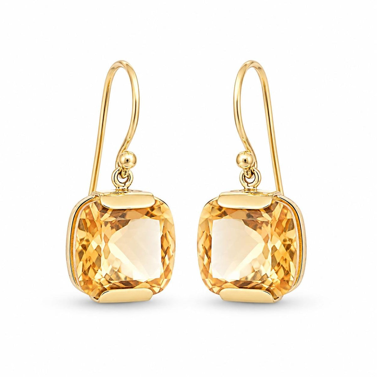 9ct Yellow Gold 10.6mm Cushion Cut Citrine Shepherds Hook Earrings - Aurum Jewels