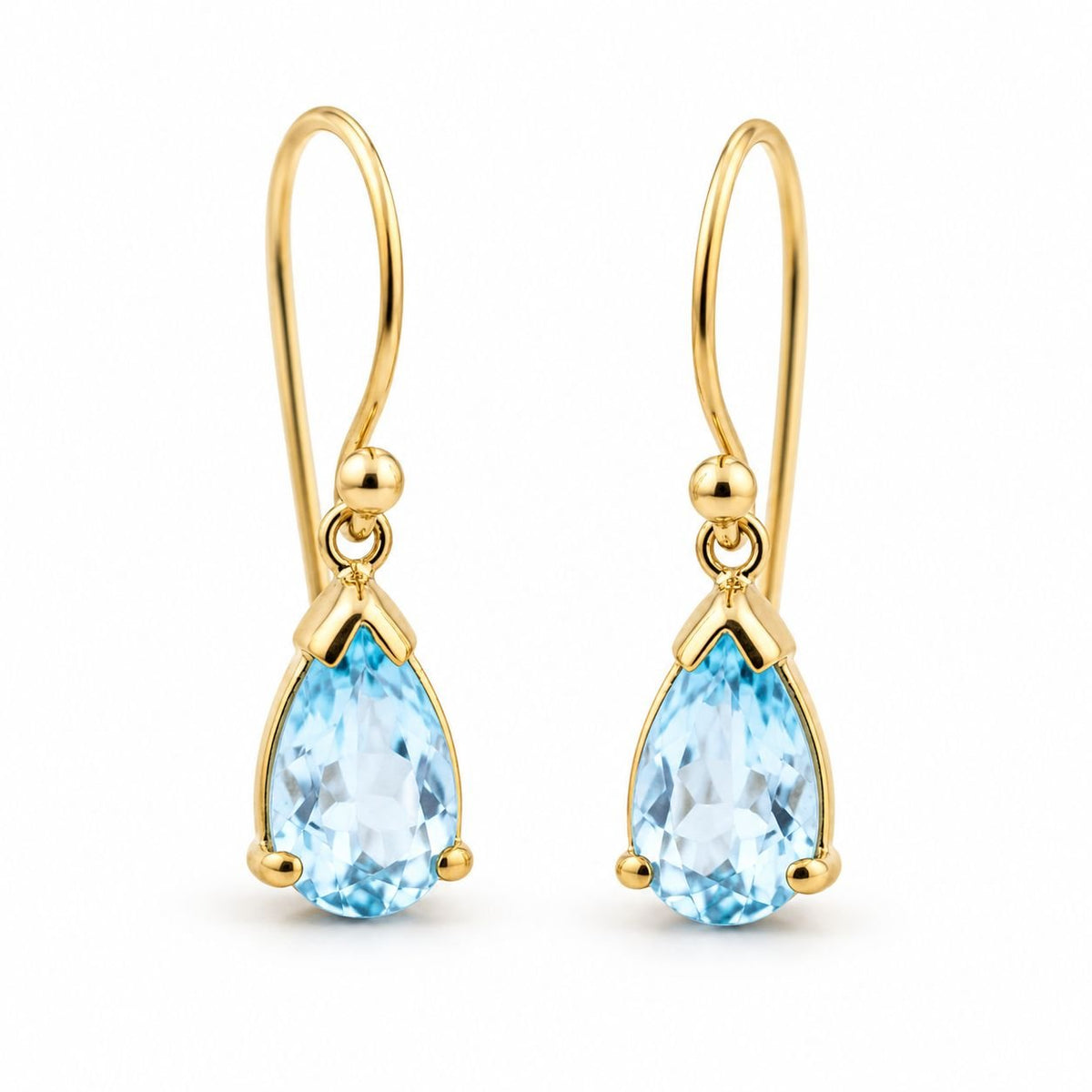 9ct Yellow Gold 10x6mm Pear Cut Aquamarine Shepherd Hook Drop Earrings - Aurum Jewels