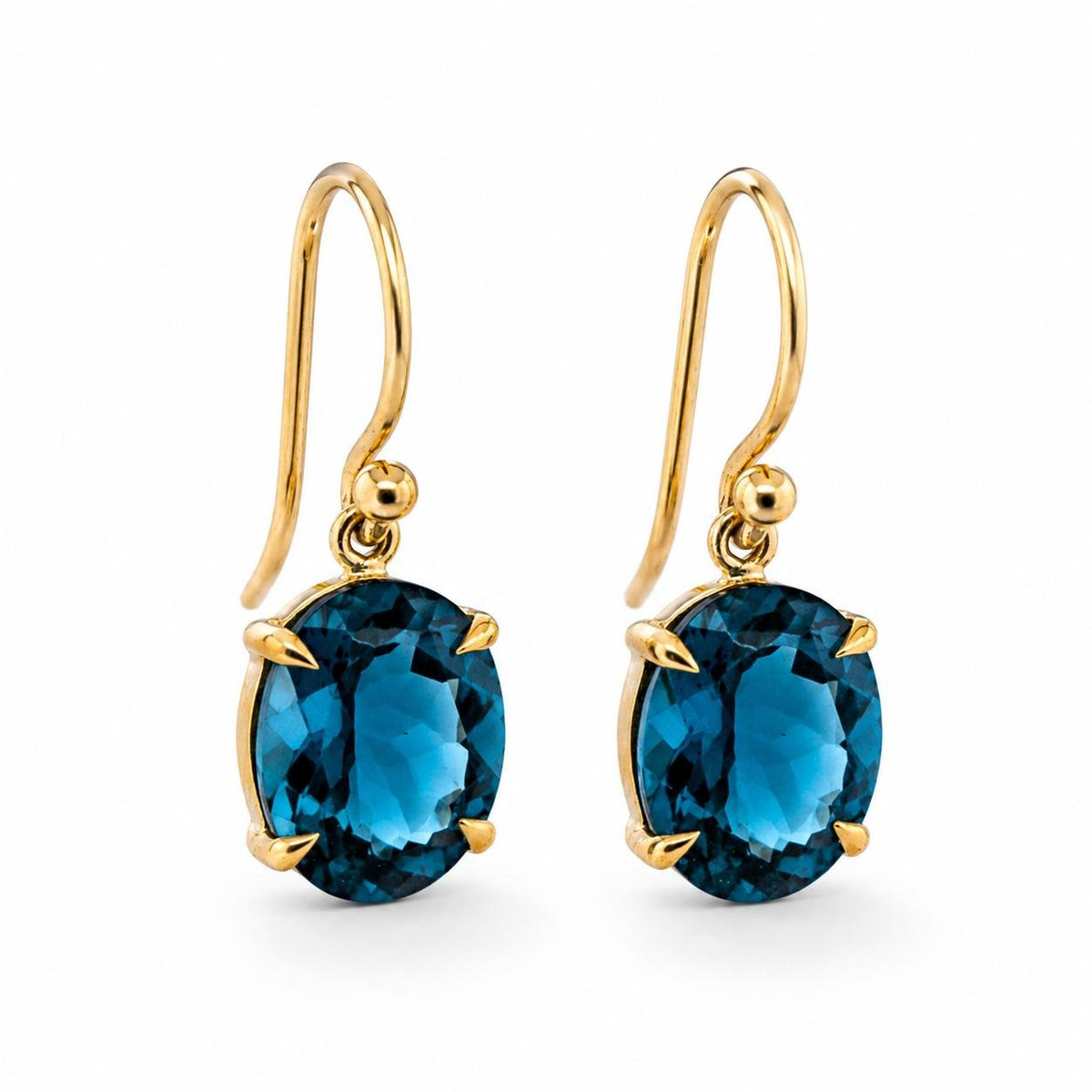 9ct Yellow Gold 10x8mm Oval Facetted London Blue Topaz Shepherd Hook Earrings - Aurum Jewels