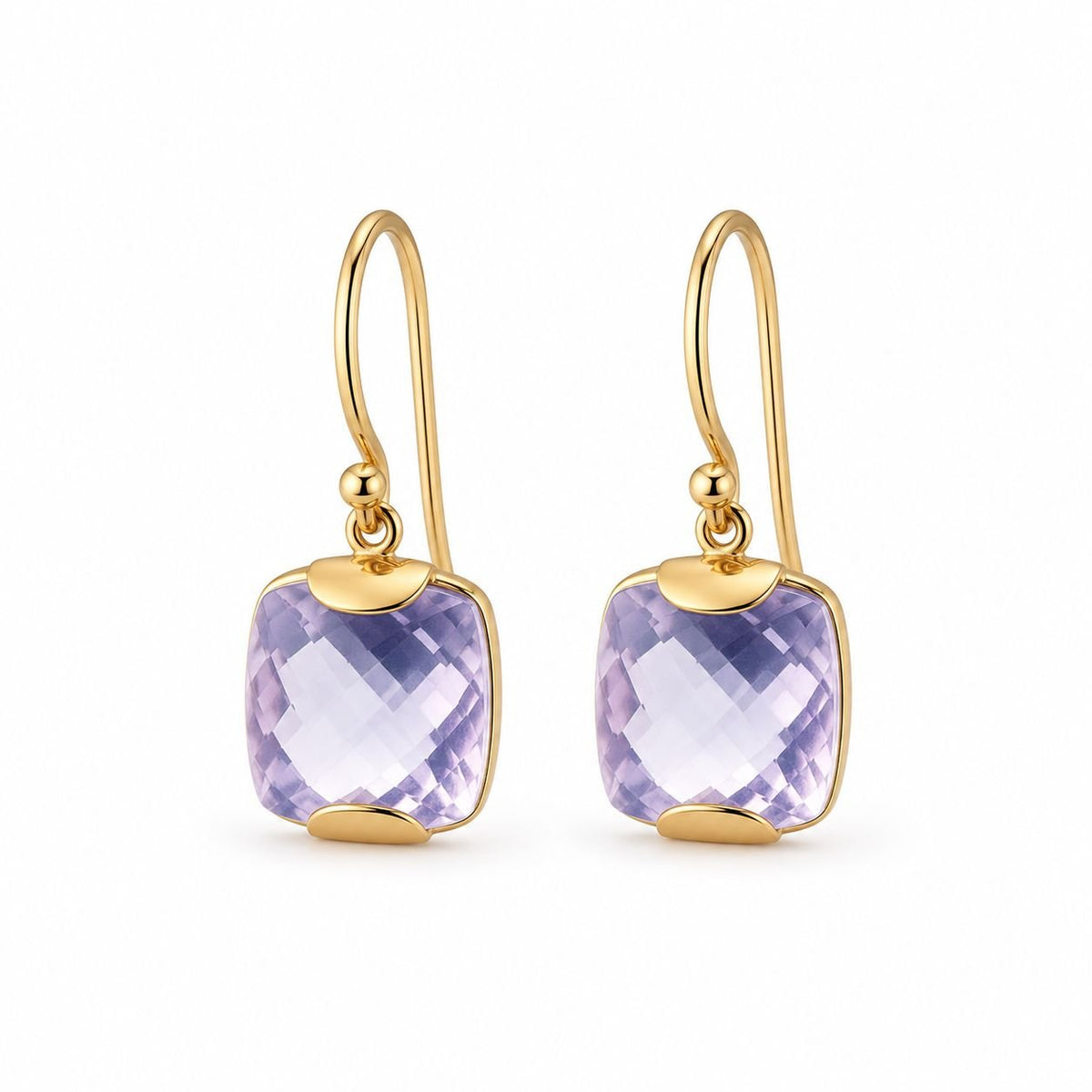 9ct Yellow Gold 11x11mm Checkerboard Facetted Cushion Lavender Quartz Shepherds Hook Earrings - Aurum Jewels