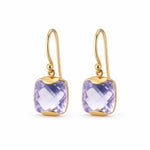 9ct Yellow Gold 11x11mm Checkerboard Facetted Cushion Lavender Quartz Shepherds Hook Earrings - Aurum Jewels