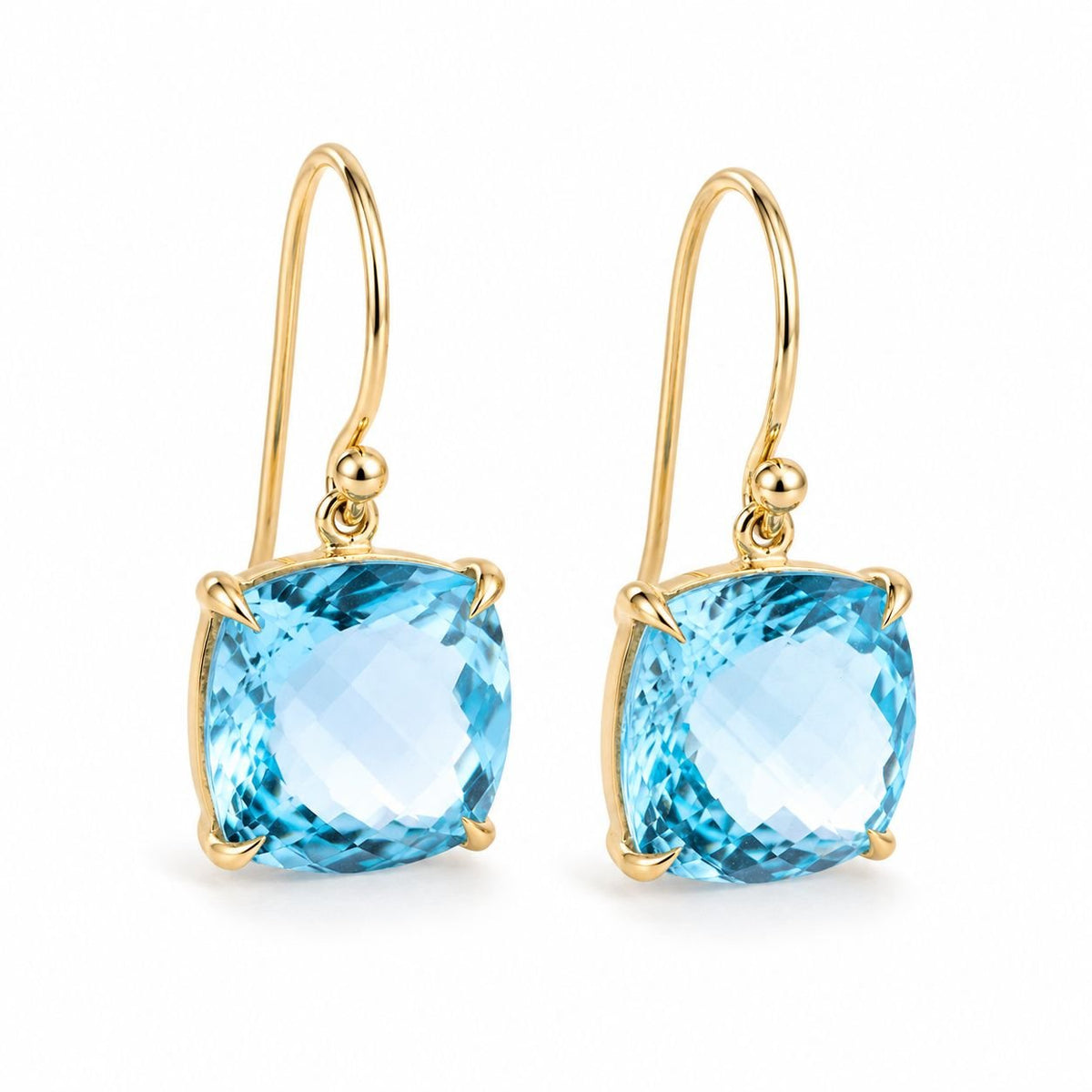 9ct Yellow Gold 11x11mm Cushion Checkerboard Facetted Sky Blue Topaz Shepherd Hook Drop Earrings - Aurum Jewels
