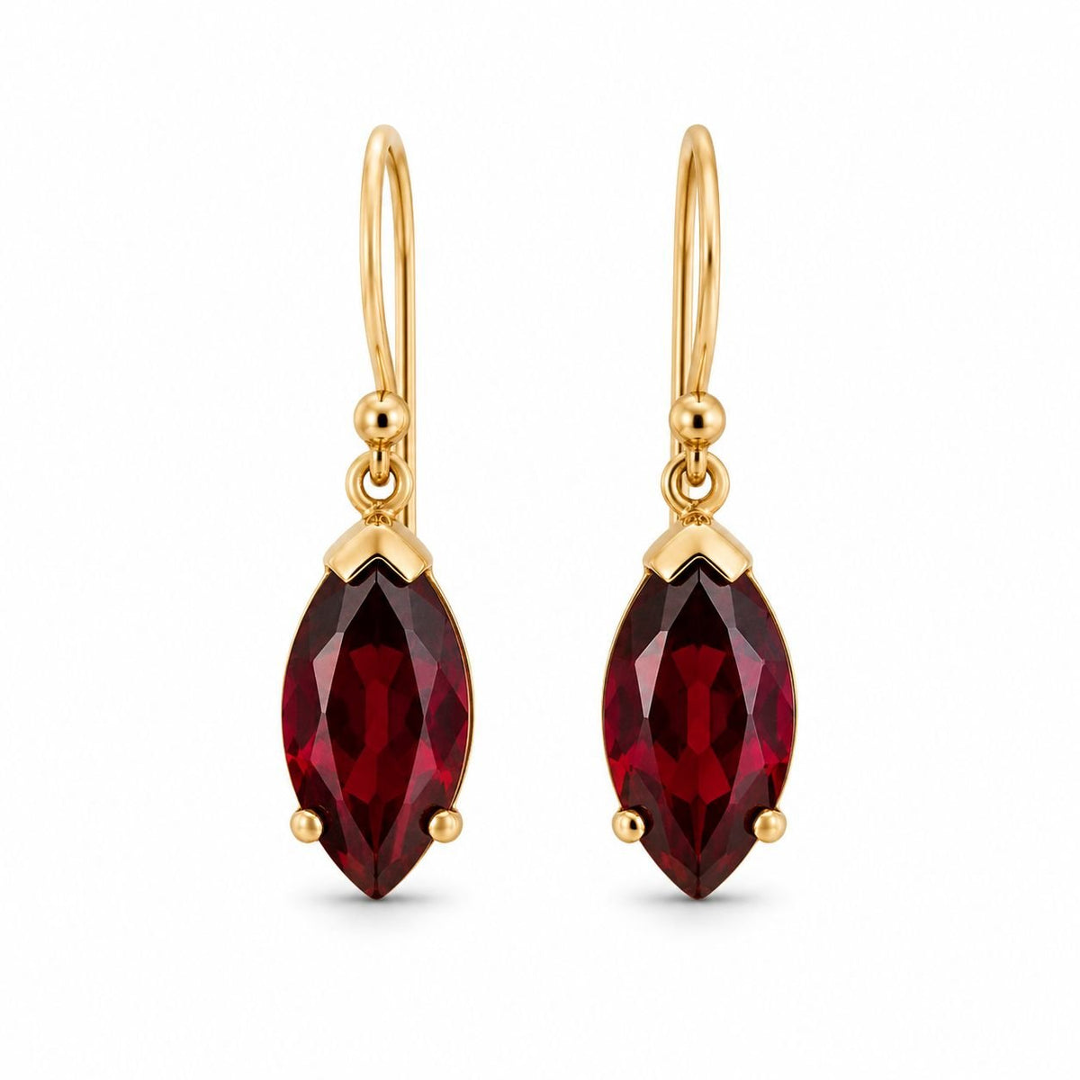 9ct Yellow Gold 12x6mm Marquise Cut Garnet Shepherds Hook Earrings - Aurum Jewels
