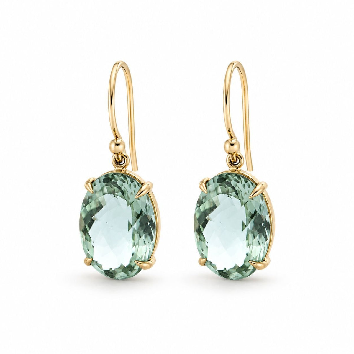 9ct Yellow Gold 13x9mm Oval Checkerboard Facetted Prasiolite Shepherd Hook Earrings - Aurum Jewels