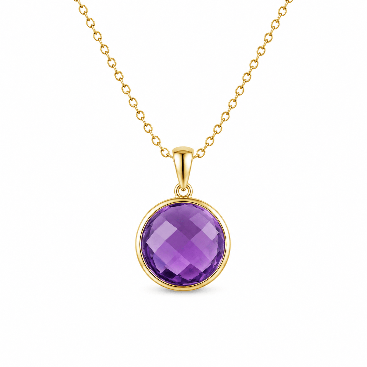 9ct Yellow Gold 15mm Round Amethyst Pendant - Aurum Jewels
