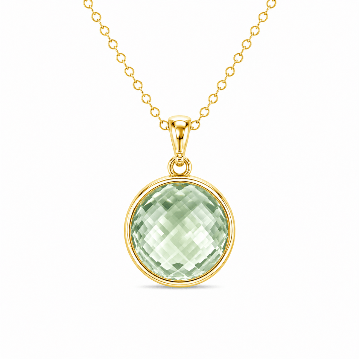 9ct Yellow Gold 15mm Round Green Amethyst Pendant - Aurum Jewels
