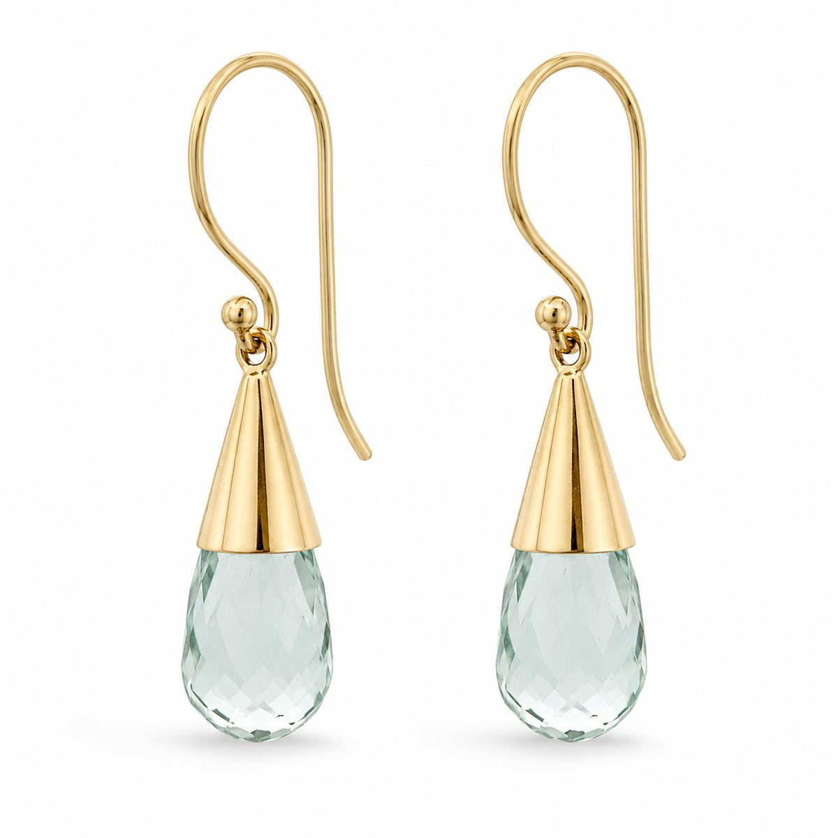 9ct Yellow Gold 18x8mm Briolette Cut Prasiolite Shepherds Hook Earrings - Aurum Jewels