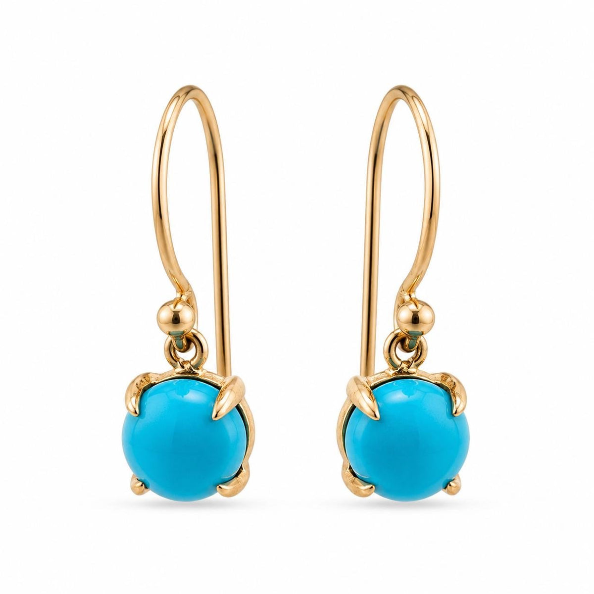 9ct Yellow Gold 6mm Round Cabochon Turquoise Shephard Hook Earrings - Aurum Jewels