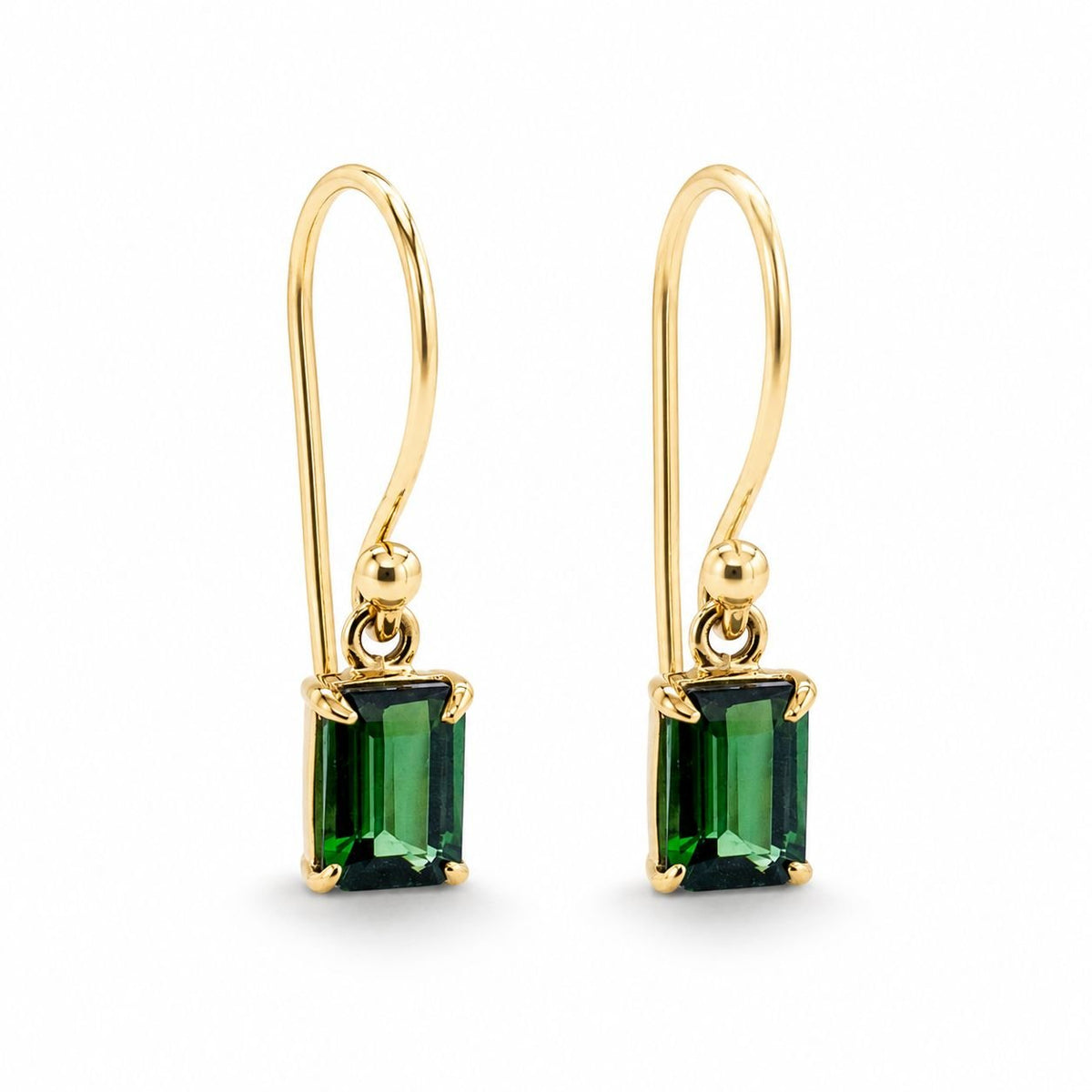 9ct Yellow Gold 6x4mm Rectangular Green Tourmaline Shepherds Hook Earrings - Aurum Jewels