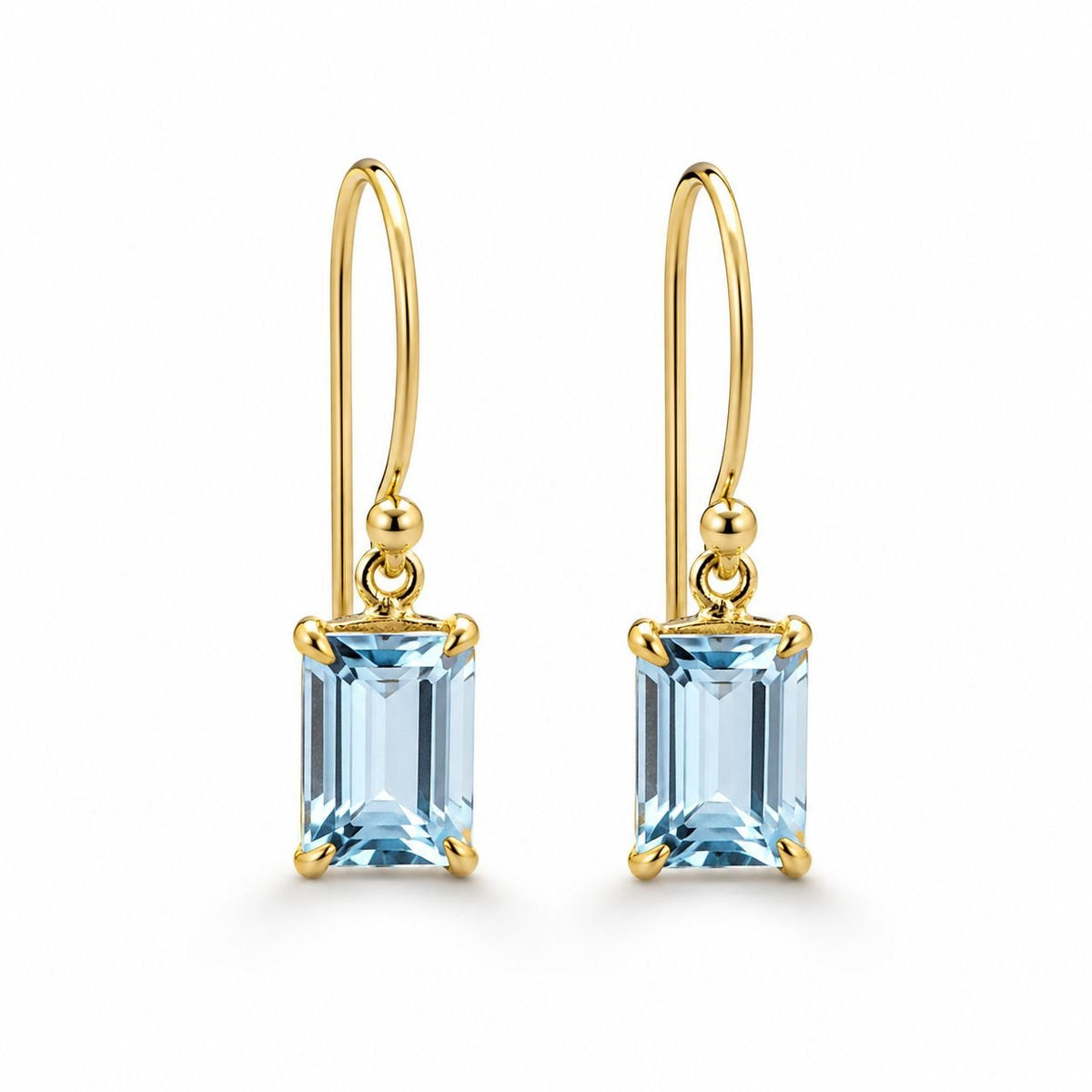 9ct Yellow Gold 7.5x5mm Rectangular Aquamarine Shepherd Hook Drop Earrings - Aurum Jewels