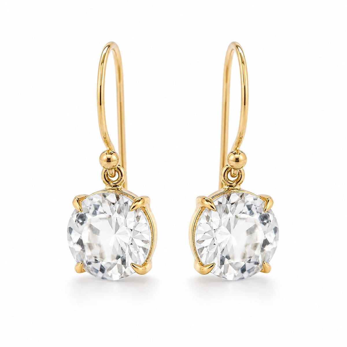 9ct Yellow Gold 8.5mm Round White Topaz Shepherd Hook Earrings - Aurum Jewels