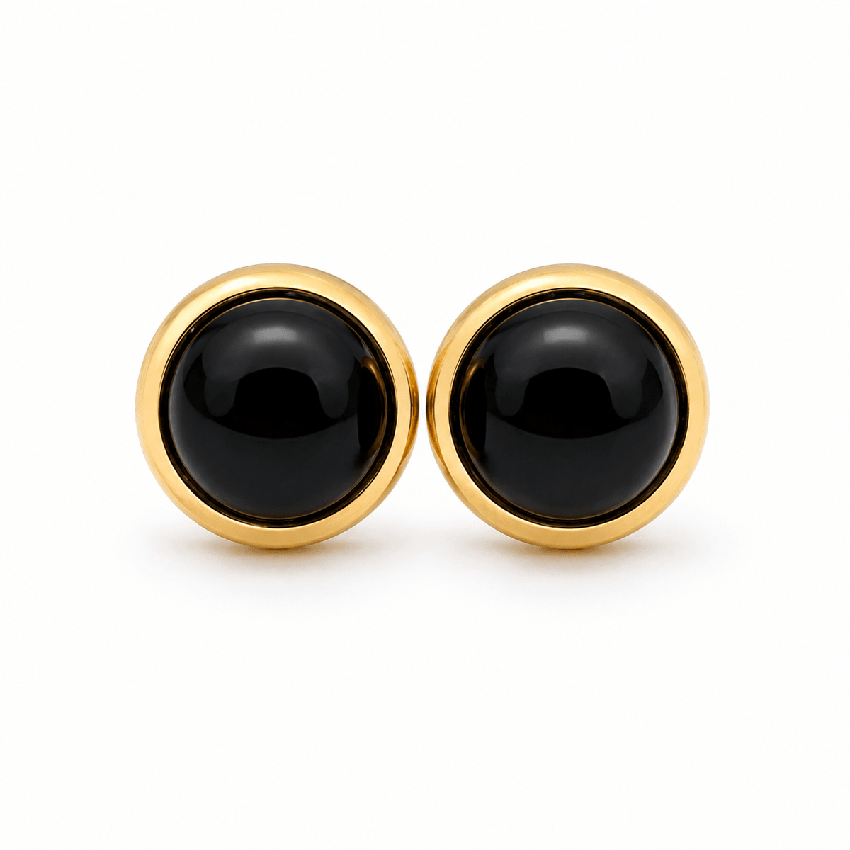 9ct Yellow Gold 8mm Round Onyx Stud Earrings Bezel Set - Aurum Jewels