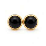 9ct Yellow Gold 8mm Round Onyx Stud Earrings Bezel Set - Aurum Jewels