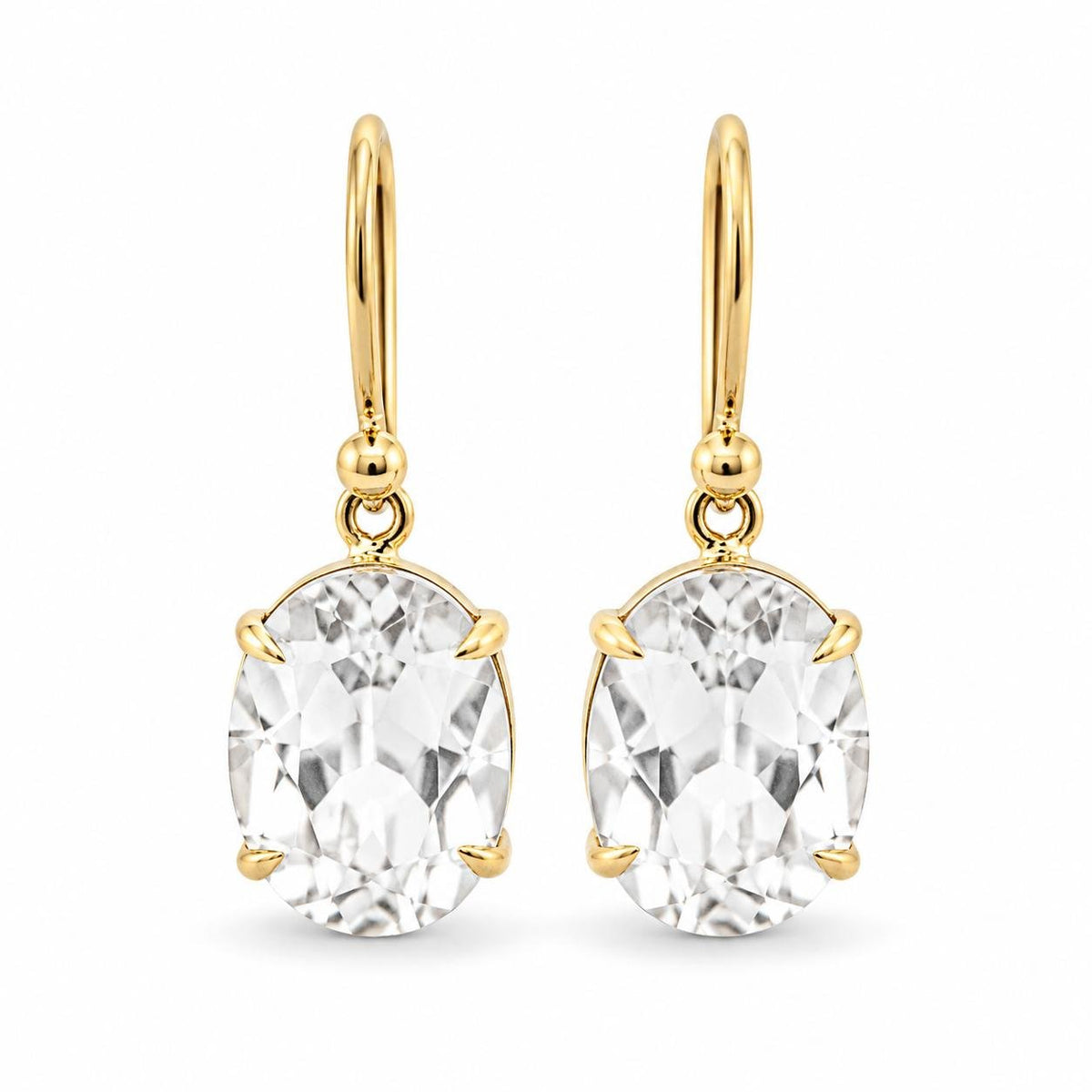 9ct Yellow Gold 8x10mm Oval Cut White Topaz Shepherd Hook Earrings - Aurum Jewels