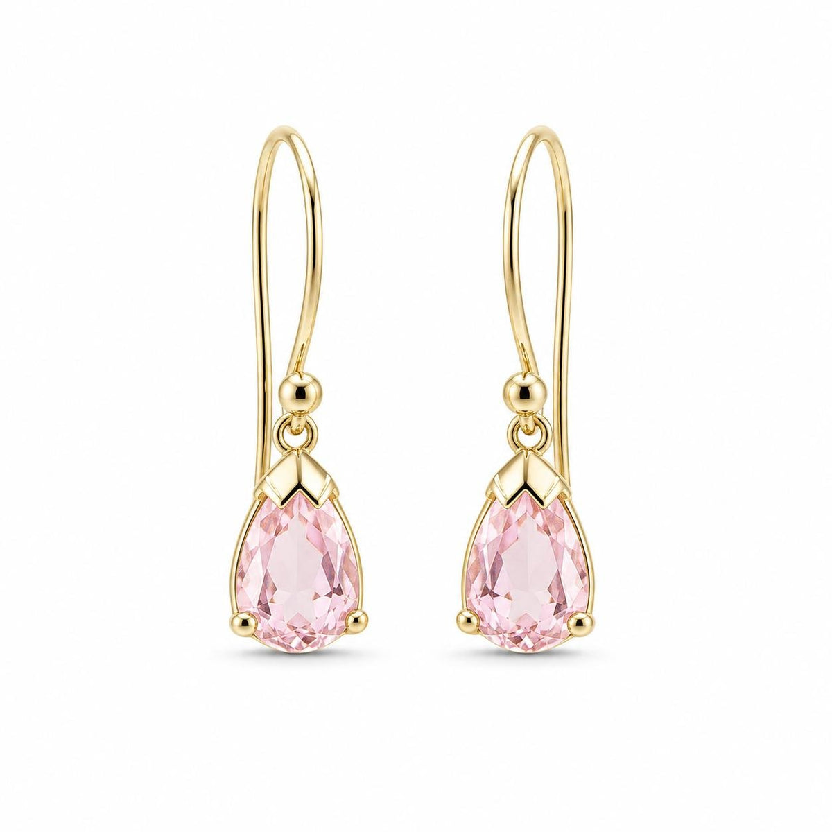 9ct Yellow Gold 9.8x5.6mm Pear Cut Morganite Shepherds Hook Earrings - Aurum Jewels