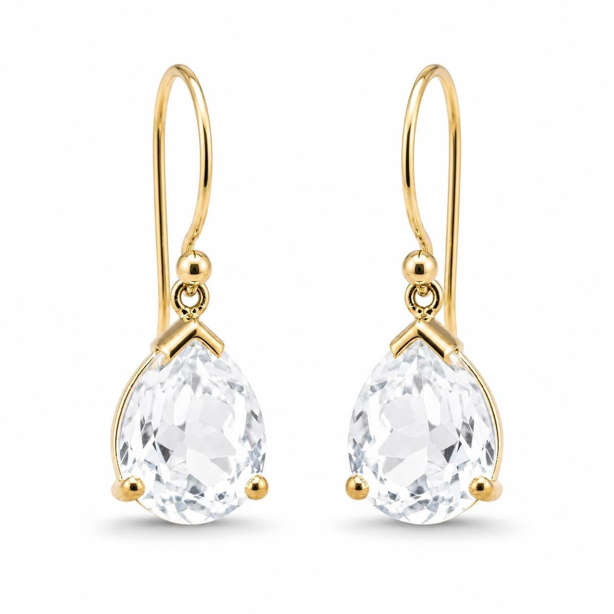 9ct Yellow Gold 9x11mm Pear Cut White Topaz Shepherd Hook Earrings - Aurum Jewels