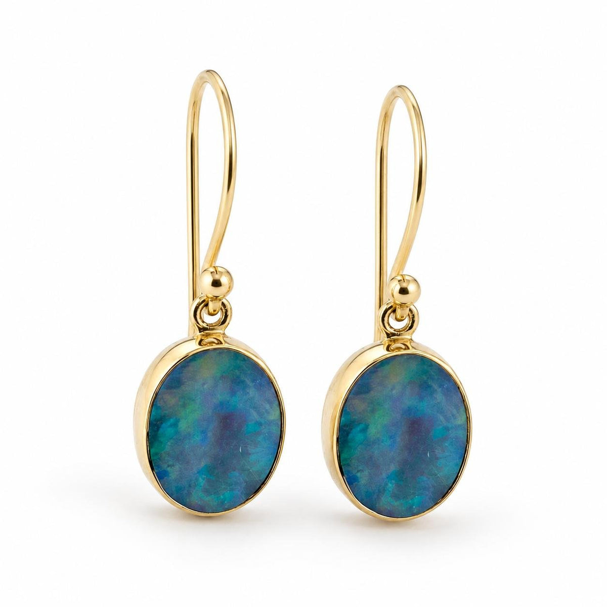 9ct Yellow Gold 9x7mm Oval Opal Shepherds Hook Earrings - Aurum Jewels