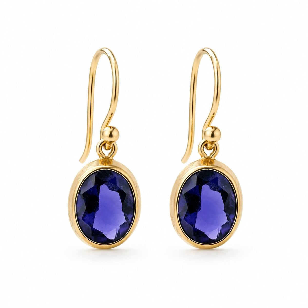 9ct Yellow Gold Bezel Set 10x8mm Oval Iolite Shepherds Hook Earrings - Aurum Jewels