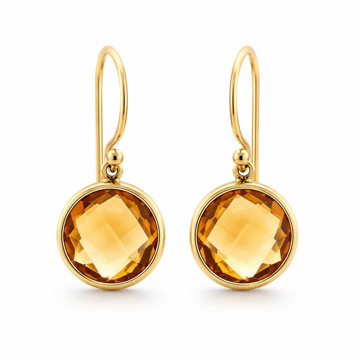 9ct Yellow Gold Bezel Set 11mm Round Checkerboard Facetted Citrine Shepherds Hook Earrings - Aurum Jewels