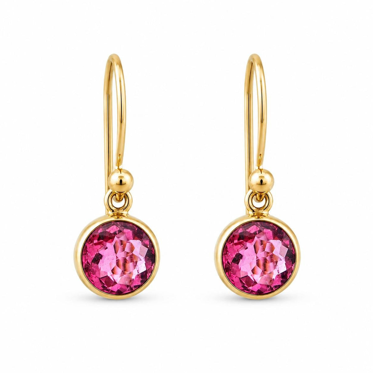 9ct Yellow Gold Bezel Set 6mm Round Pink Tourmaline Shepherd Hook Earrings - Aurum Jewels