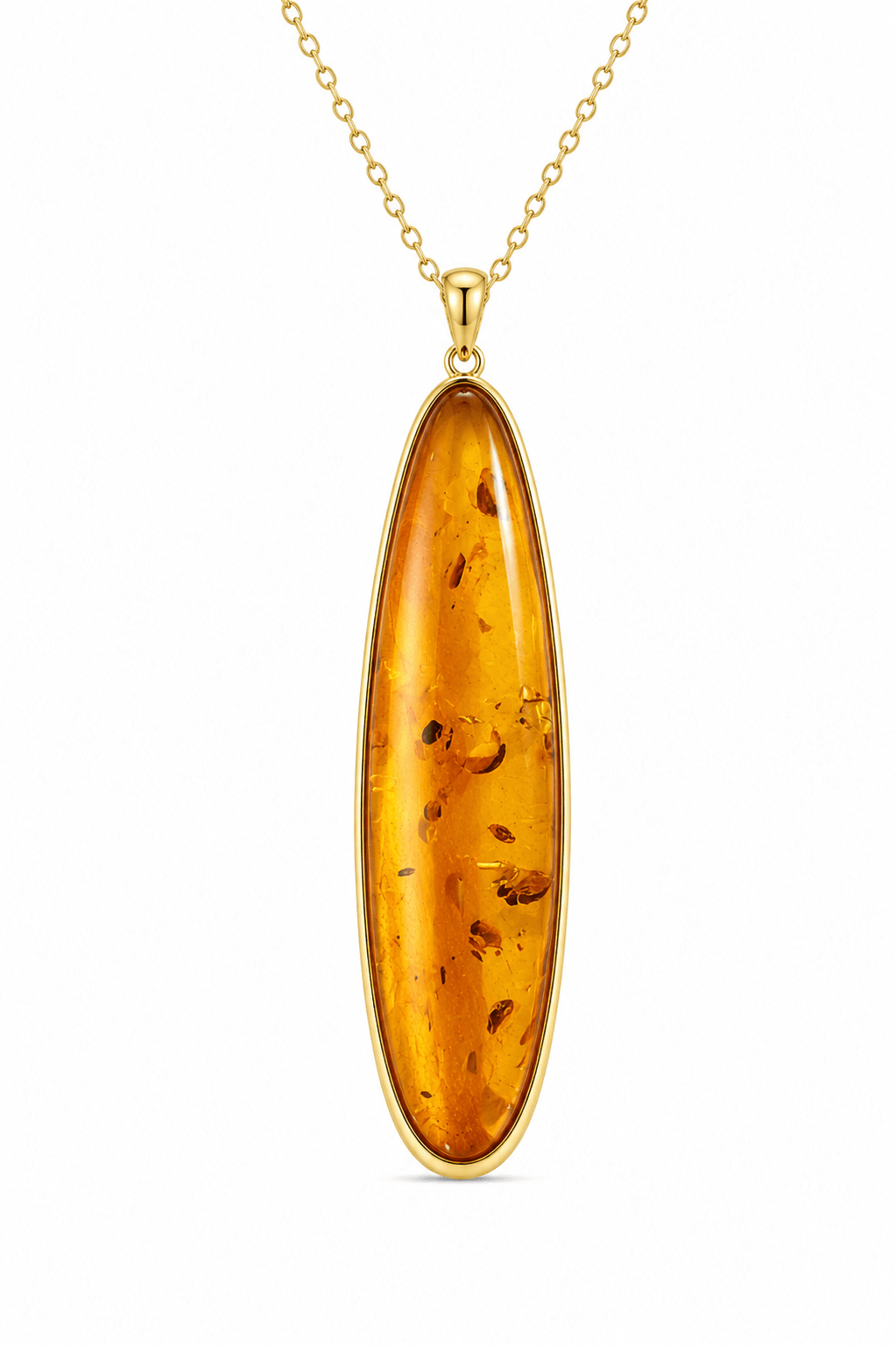 9ct Yellow Gold Bezel Set Long Drop Amber Pendant - Aurum Jewels