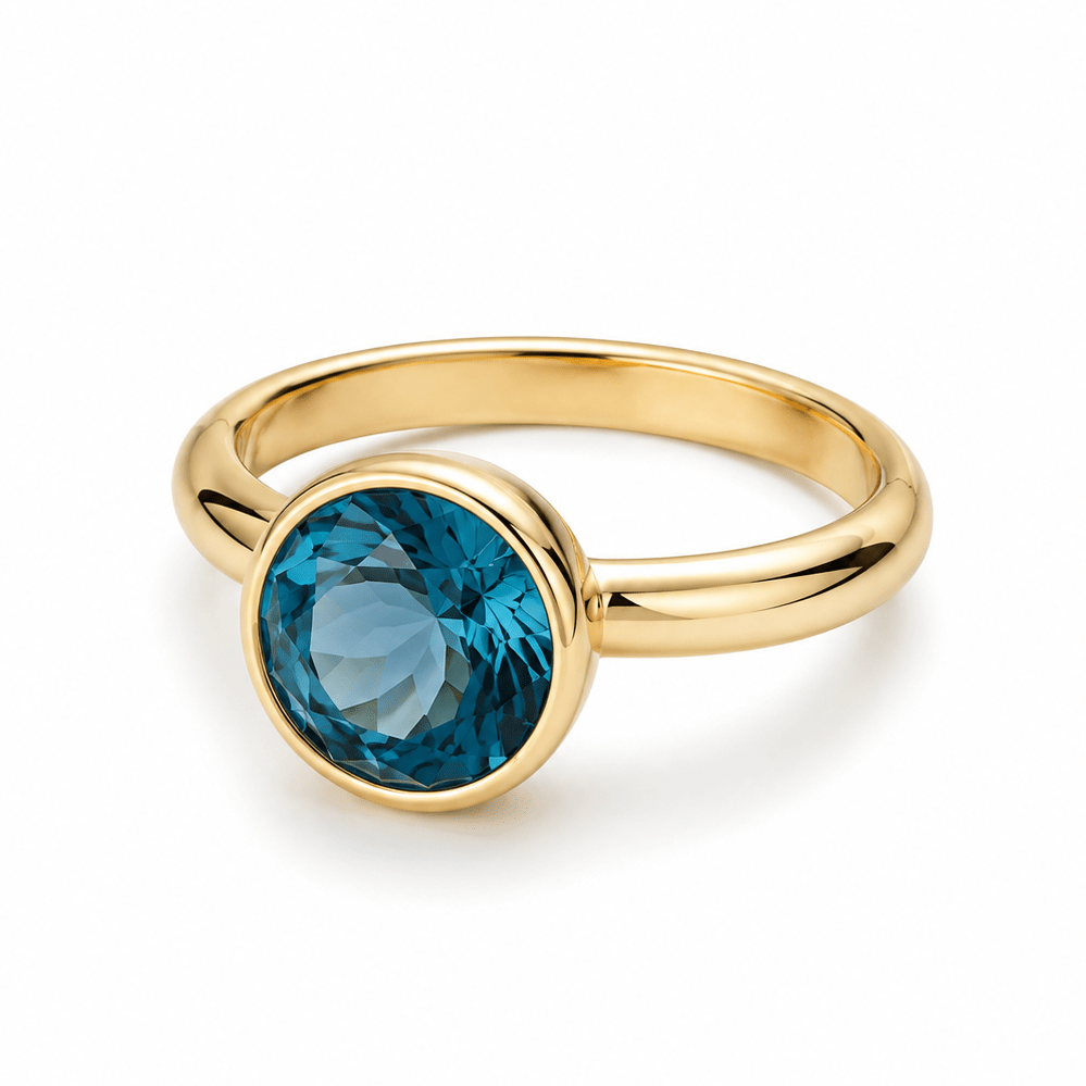 9ct Yellow Gold Bezel Set Round London Blue Topaz Ring - Aurum Jewels