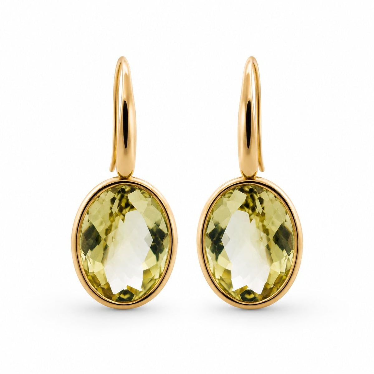9ct Yellow Gold Checkerboard Facetted Oval Lemon Quartz Shepherds Hook Earrings - Aurum Jewels