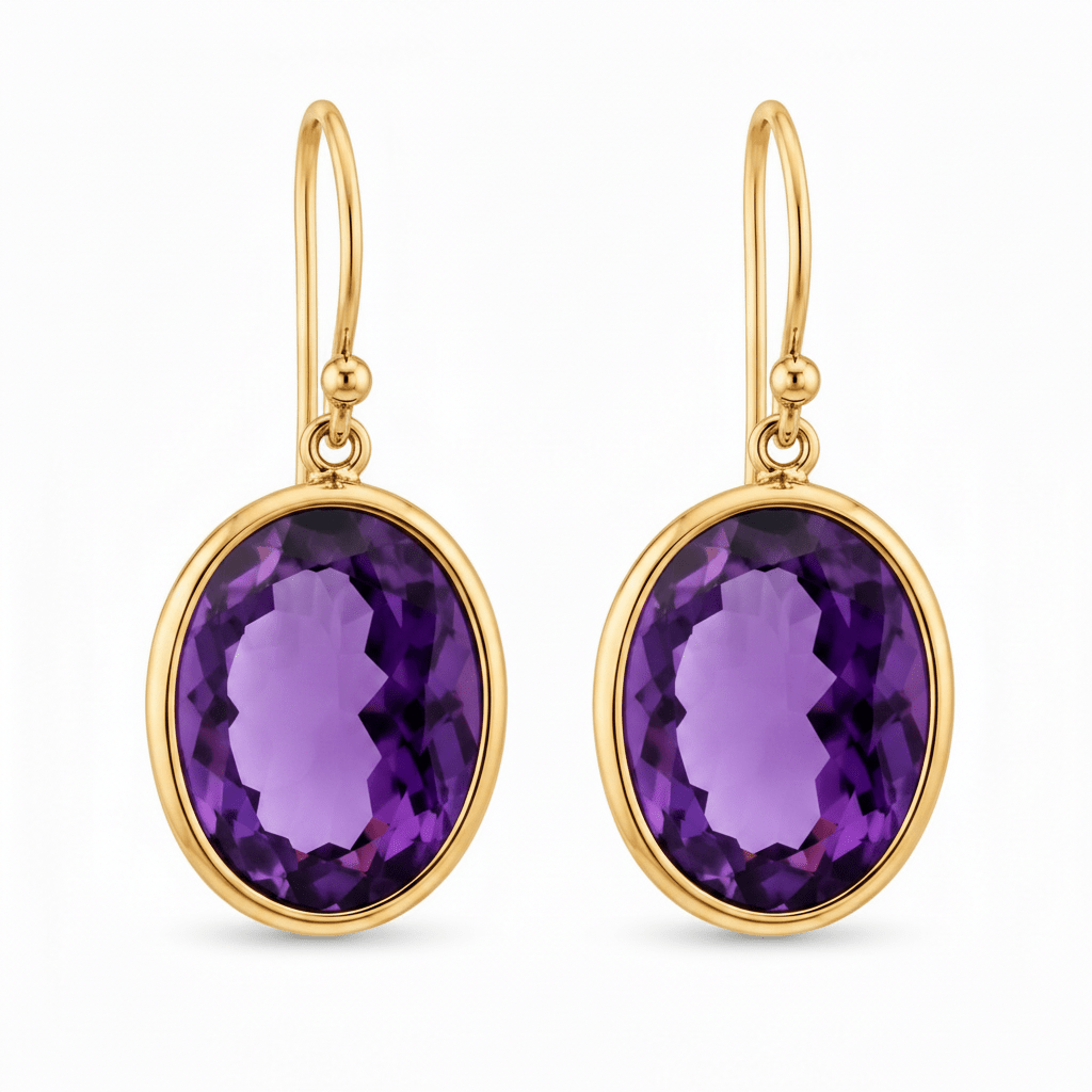 9ct Yellow Gold Large Oval Cut Bezel Set Amethyst Drop Earrings - Aurum Jewels
