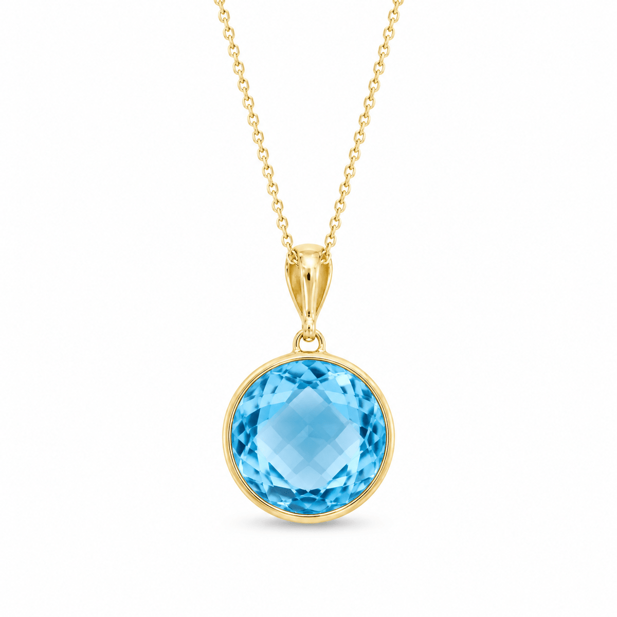 9ct Yellow Gold Large Round Checkerboard Cut Sky Blue Topaz Pendant - Aurum Jewels