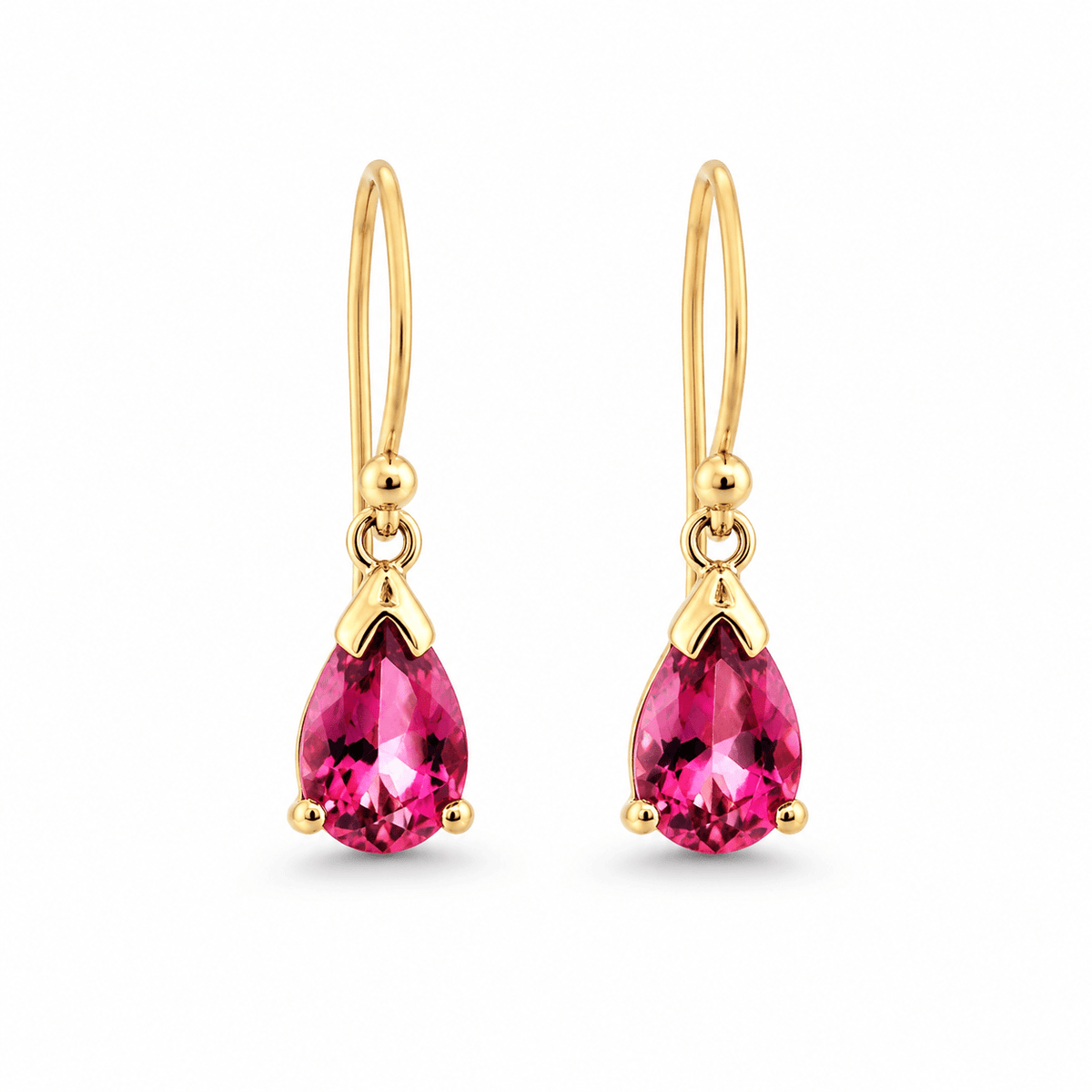 9ct Yellow Gold Pear Shaped Pink Tourmaline Drop Earrings - Aurum Jewels