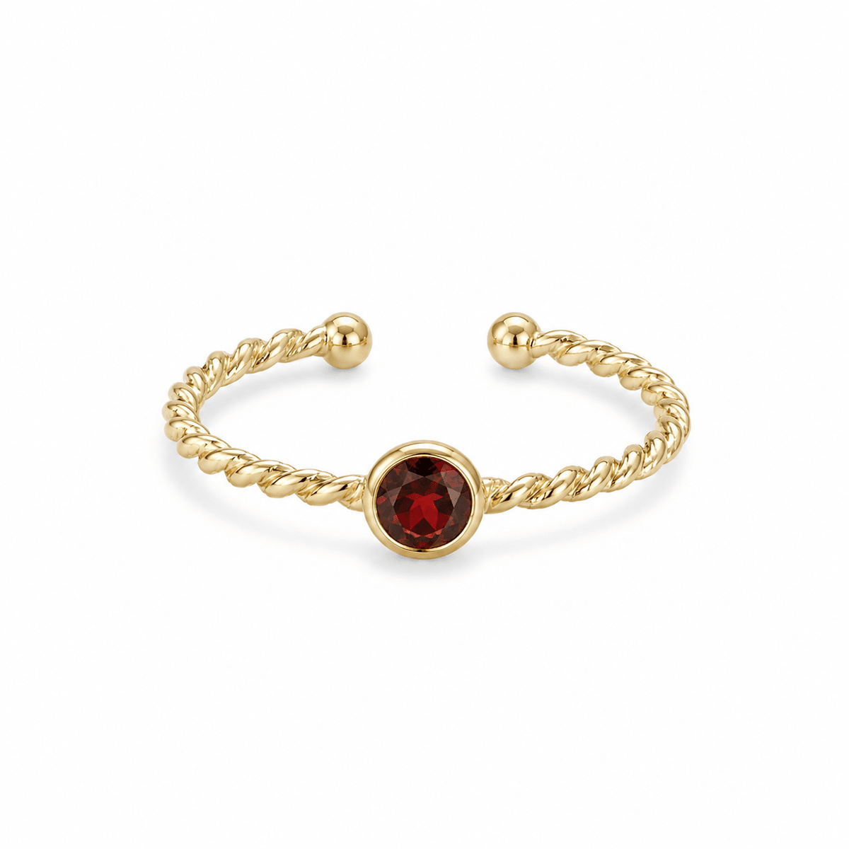 9ct Yellow Gold Round Garnet Twisted Band Ring - Aurum Jewels