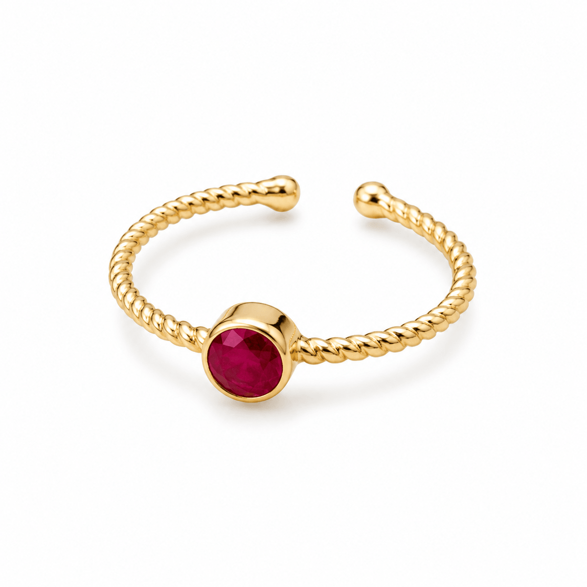 9ct Yellow Gold Round Ruby Twisted Band Ring - Aurum Jewels