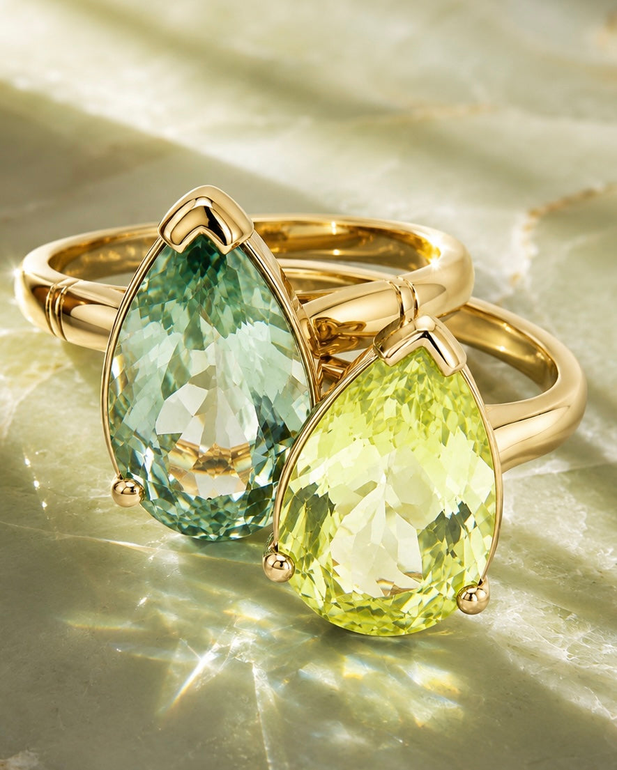 9ct Yellow Gold Large Tear Drop Green Amethyst Ring
