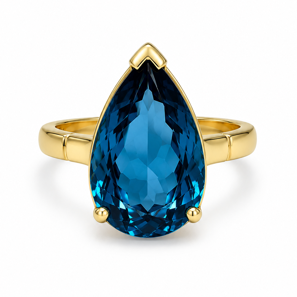 9ct Yellow Gold Statement Teardrop London Blue Topaz Cocktail Ring