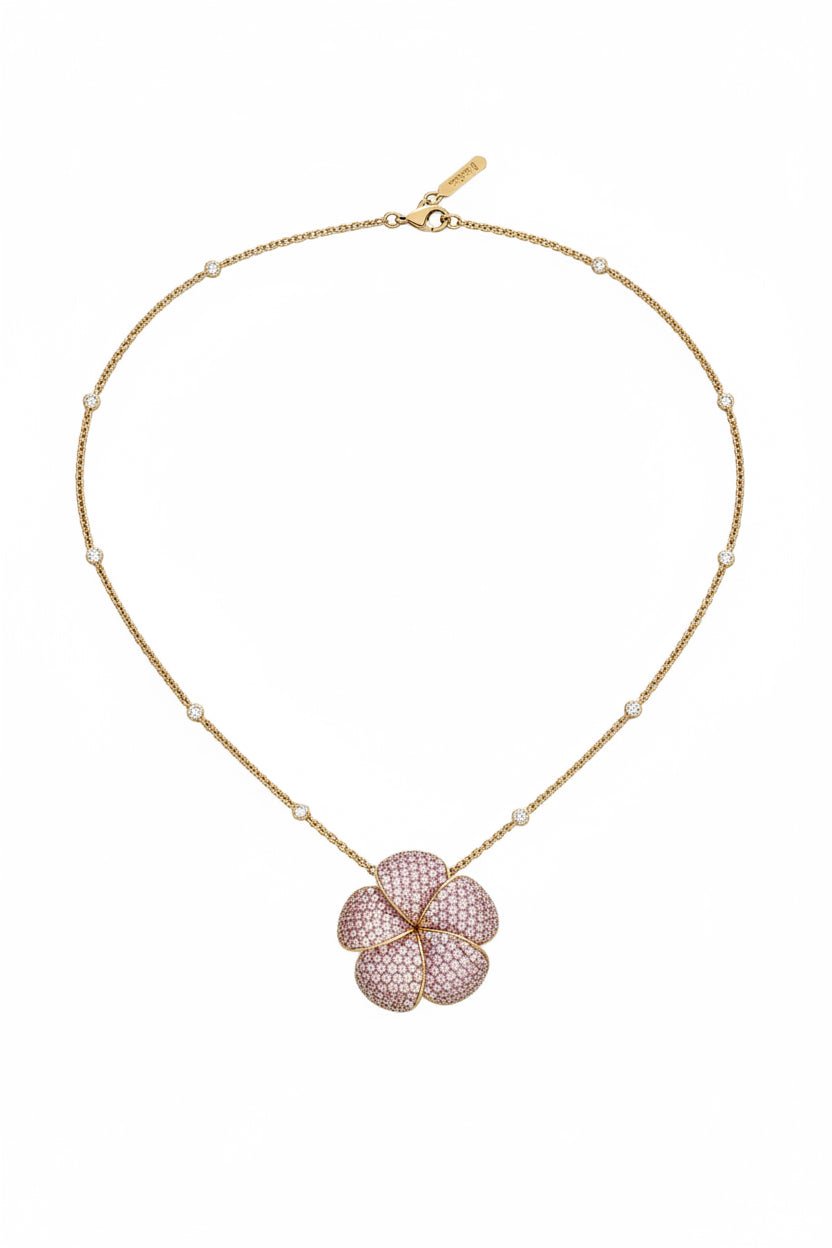Aurum Jewels 18ct Rose Gold Pave Diamond Set Frangipani Flower Slider Pendant with Diamond Set Chain - Aurum Jewels