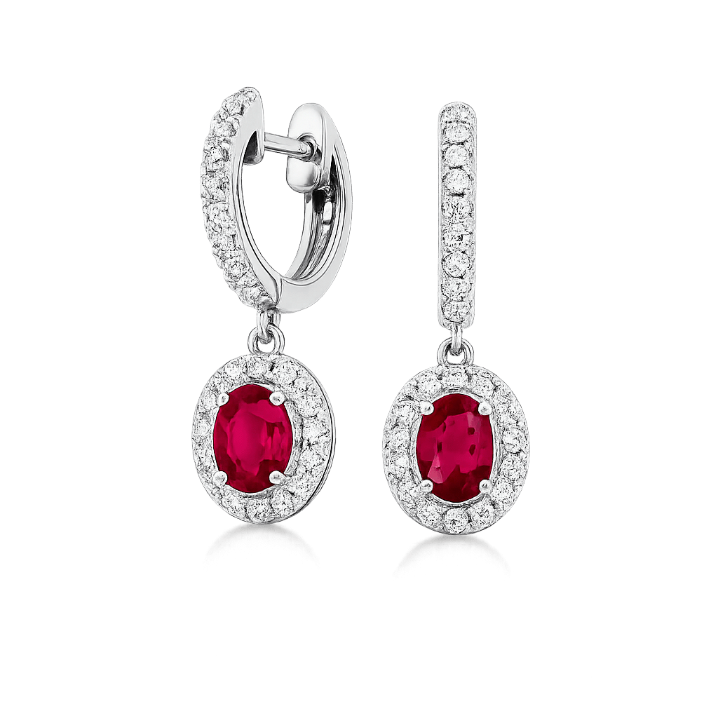 Aurum Jewels 18ct White Gold Oval Ruby & Diamond Hoop Earrings - Aurum Jewels