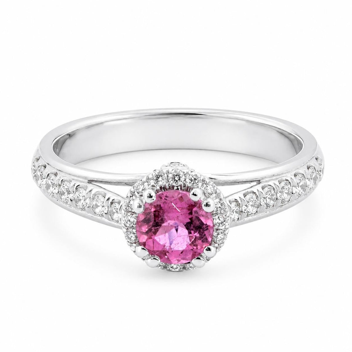 Aurum Jewels 18ct White Gold Pink Tourmaline & Diamond Halo Ring - Aurum Jewels