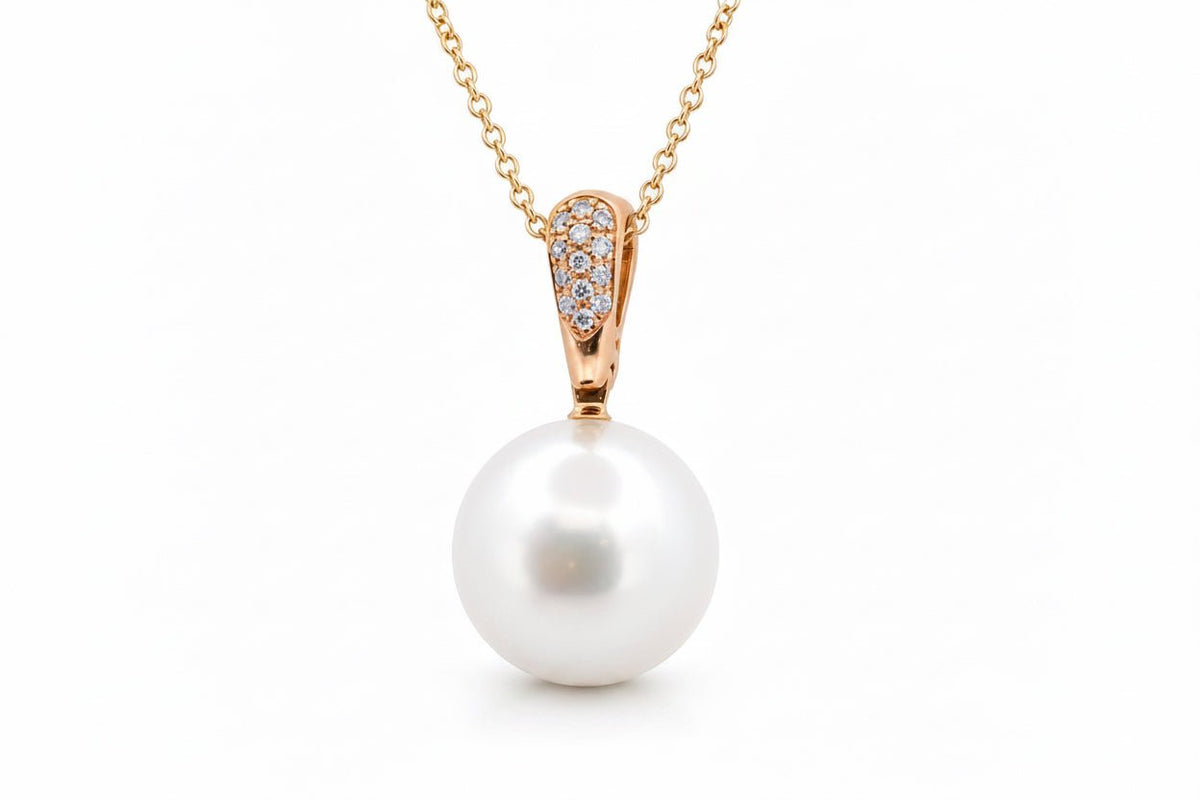 Autore 18ct Rose Gold & Diamond 13mm Button South Sea Pearl Pendant - Aurum Jewels