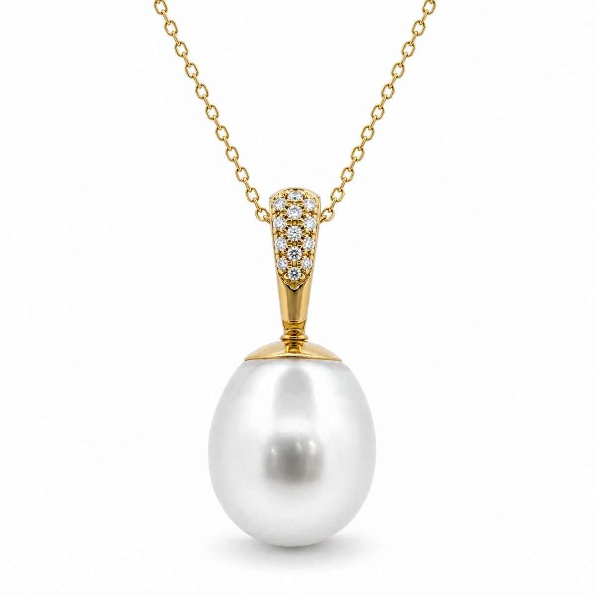 Autore 18ct Yellow Gold & Diamond 13mm Semi Drop South Sea Pearl Pendant - Aurum Jewels