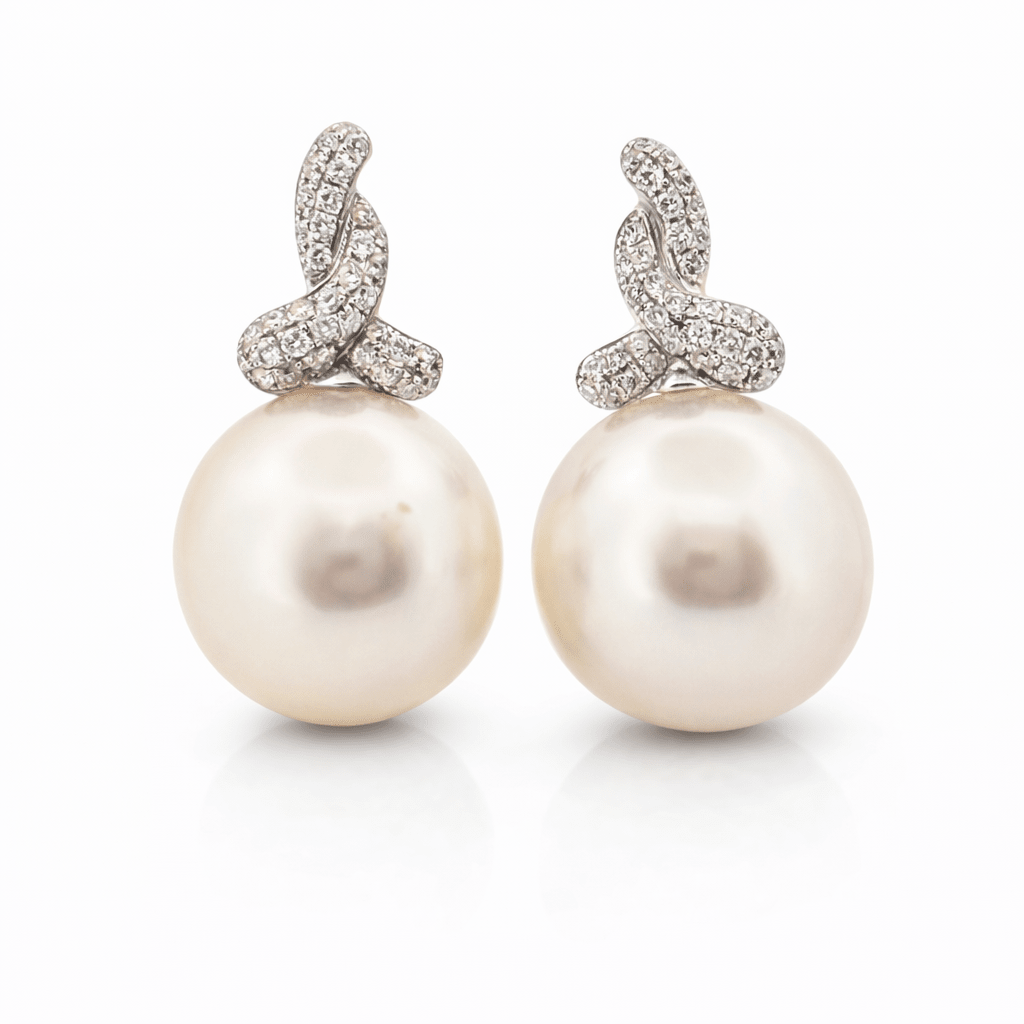 Autore White Gold, Pave Diamond & South Sea Pearl Drop Earrings - Aurum Jewels