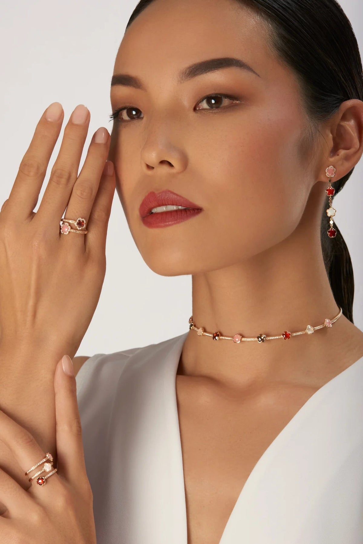 Figlia Dei Fiori Pendant Earrings in 18k Rose Gold with Moonstone, Pink Chalcedony, Carnelian, Red Garnet and White Diamonds. - Aurum Jewels