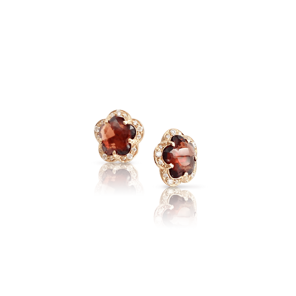 Figlia Dei Fiori Stud Earrings in 18k Rose Gold with Red Garnet and White Diamonds. - Aurum Jewels