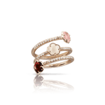 Figlia Dei Fiori Three Flowers Twist Ring in 18k Rose Gold with Pink Chalcedony, Red Garnet, Moonstone, White and Champagne Diamonds. - Aurum Jewels