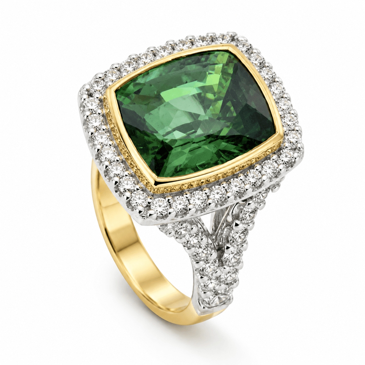 Green Tourmaline & Diamond Halo Cocktail Ring - Aurum Jewels