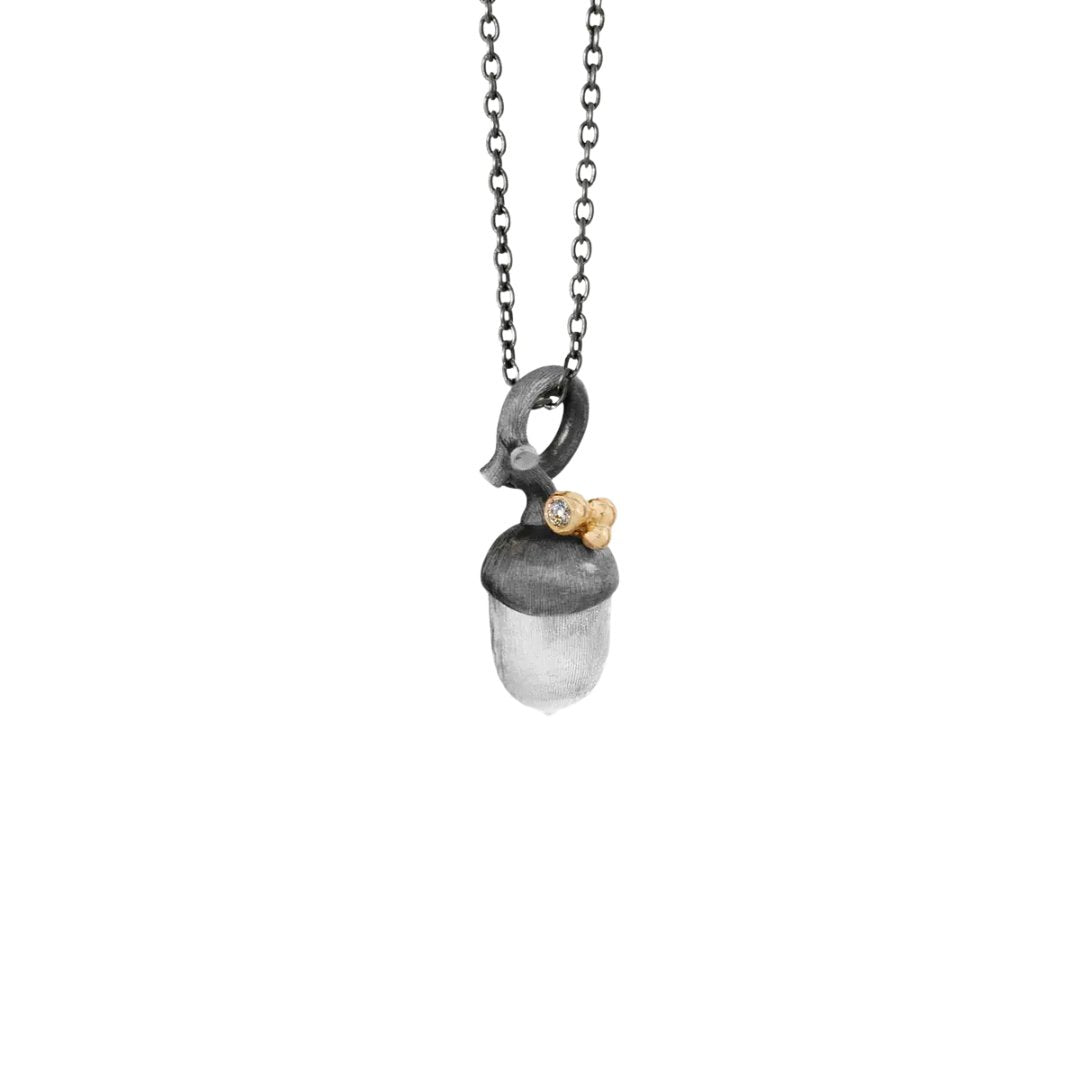 Ole Lynggaard Acorn Pendant in Polished Silver, Gold & Diamonds - Aurum Jewels